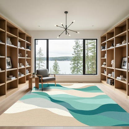 Teal Beige Abstract Wave Flow Rug
