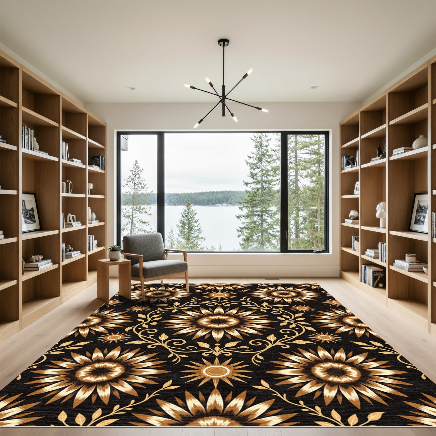 Golden Sunburst Floral Vine Rug