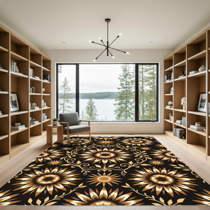 Golden Sunburst Floral Vine Rug