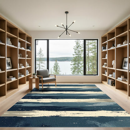 Brushed Blue Cream Striped Texture Rug