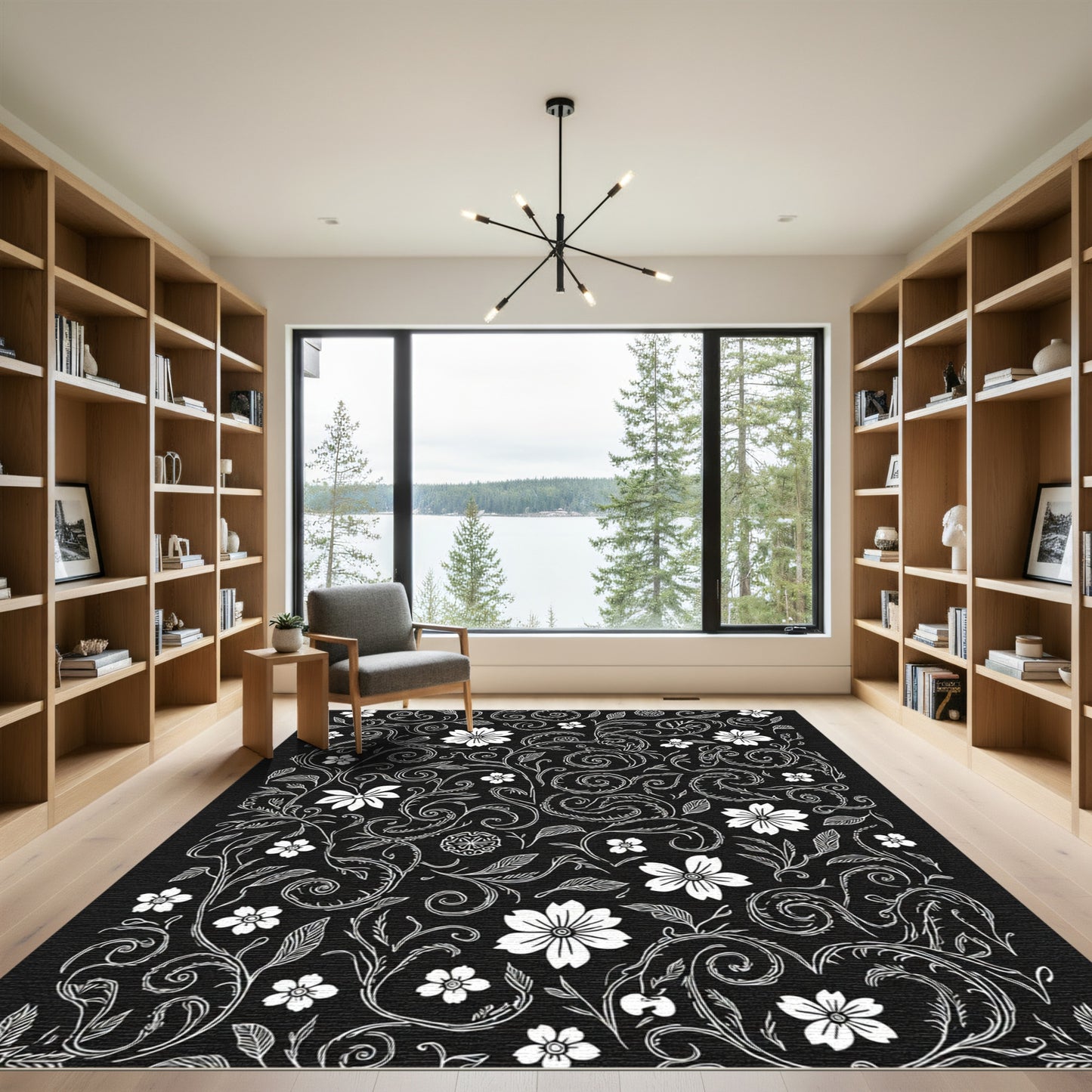 Whimsical White Floral Vine Swirl Rug