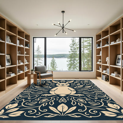 Cream Rabbit Floral Navy Rug