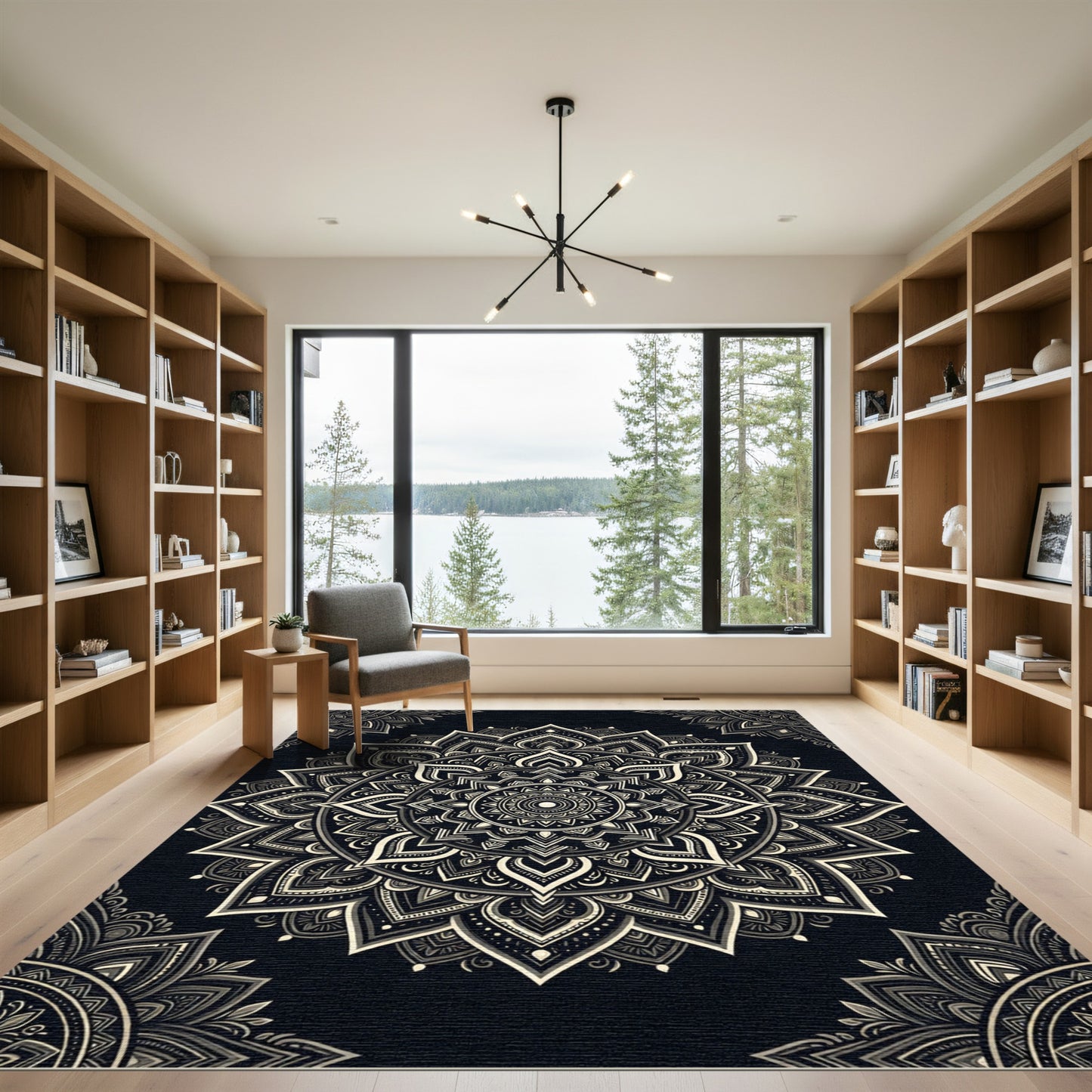 Elegant Monochrome Floral Mandala Medallion Rug