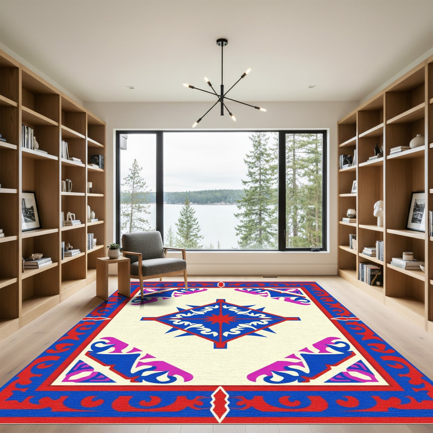 Bold Red Blue Star Diamond Rug
