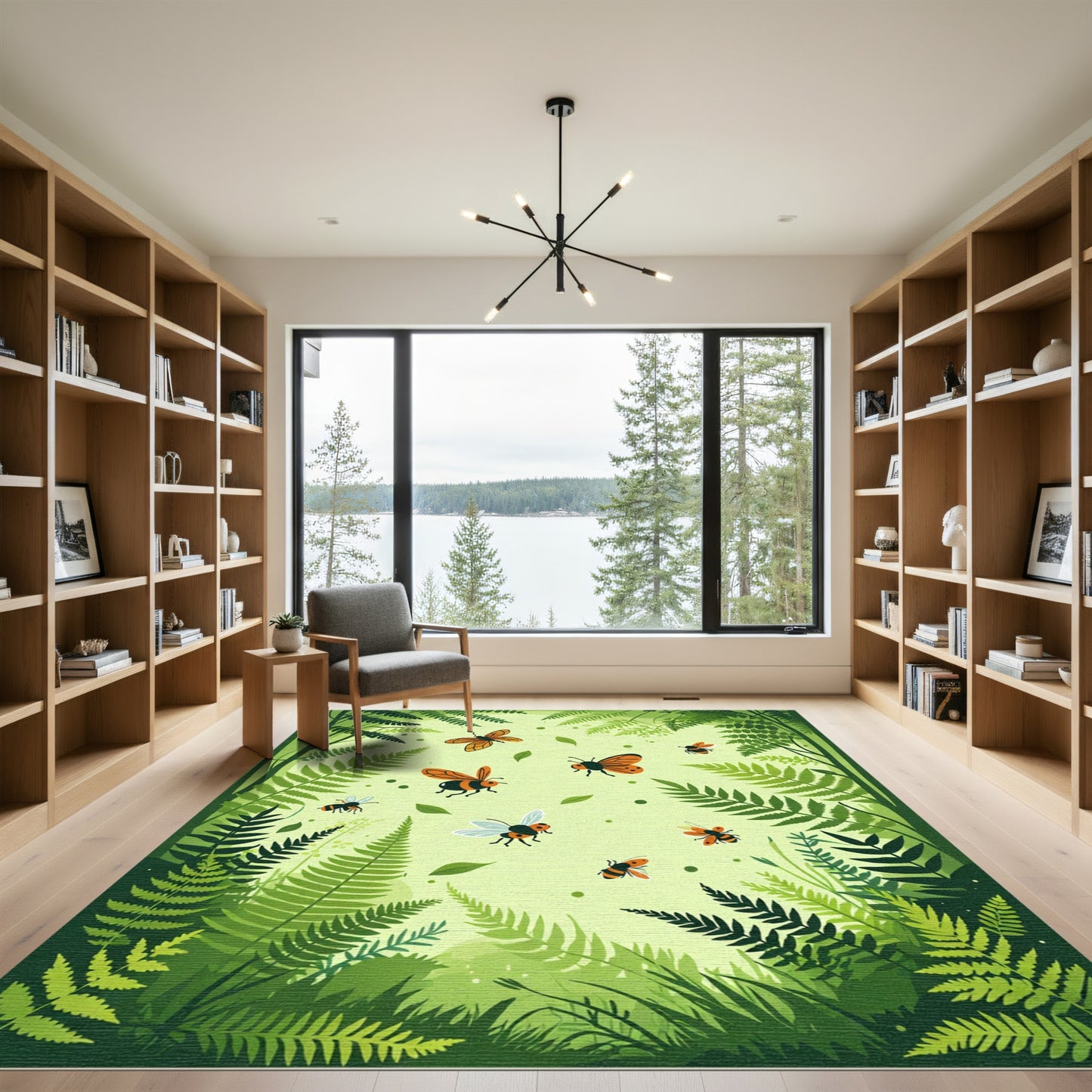 Whimsical Orange Bees Fern Forest Garden Rug