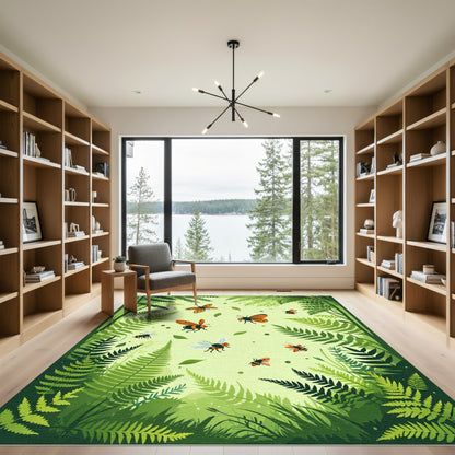 Whimsical Orange Bees Fern Forest Garden Rug