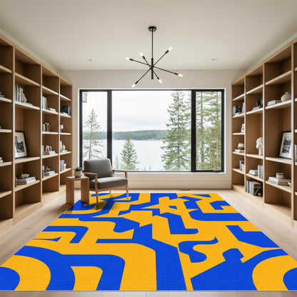 Bold Blue Yellow Geometric Interlocking Path Rug