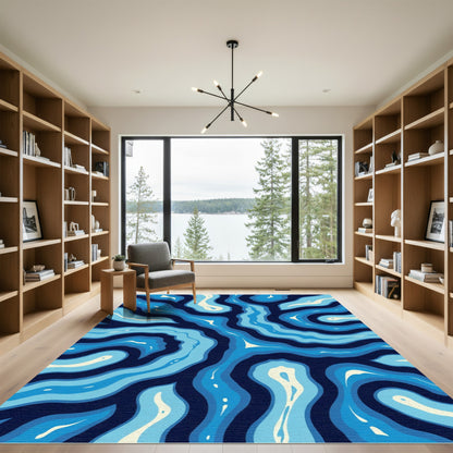 Deep Blue Water Swirl Abstraction Rug