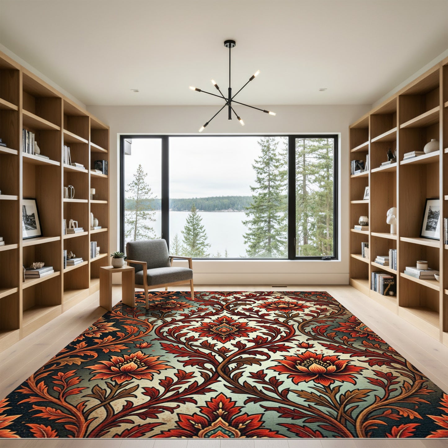 Ornate Crimson Floral Botanical Scroll Rug