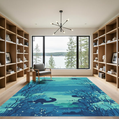 Deep Blue Underwater Sea Turtle Scene Rug