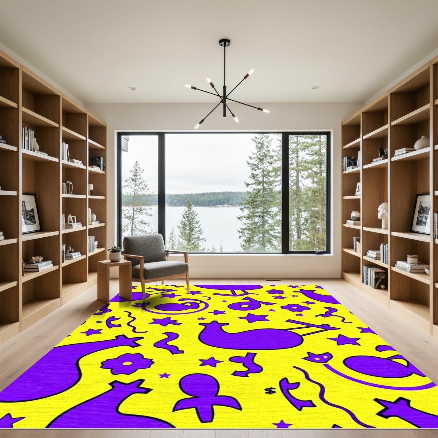 Whimsical Purple Abstract Shapes Yellow Rug