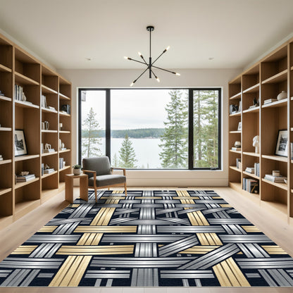 Gold Silver Woven Grid Rug