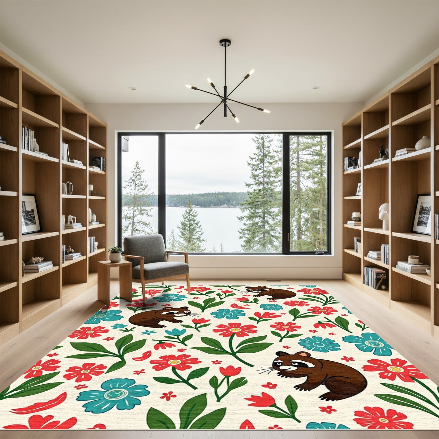 Playful Raccoon Floral Whimsical Garden Rug