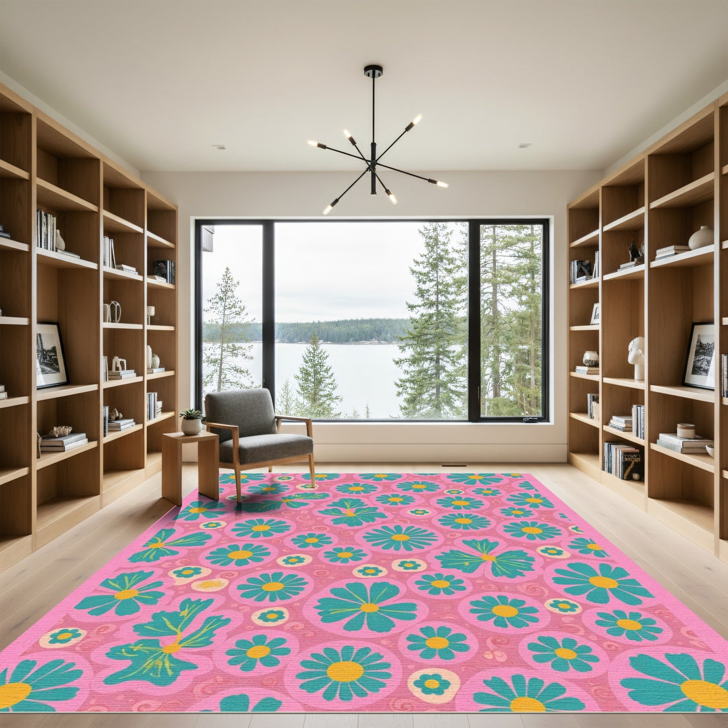 Pink Blooming Teal Yellow Floral Whimsical Rug