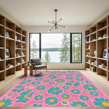 Pink Blooming Teal Yellow Floral Whimsical Rug