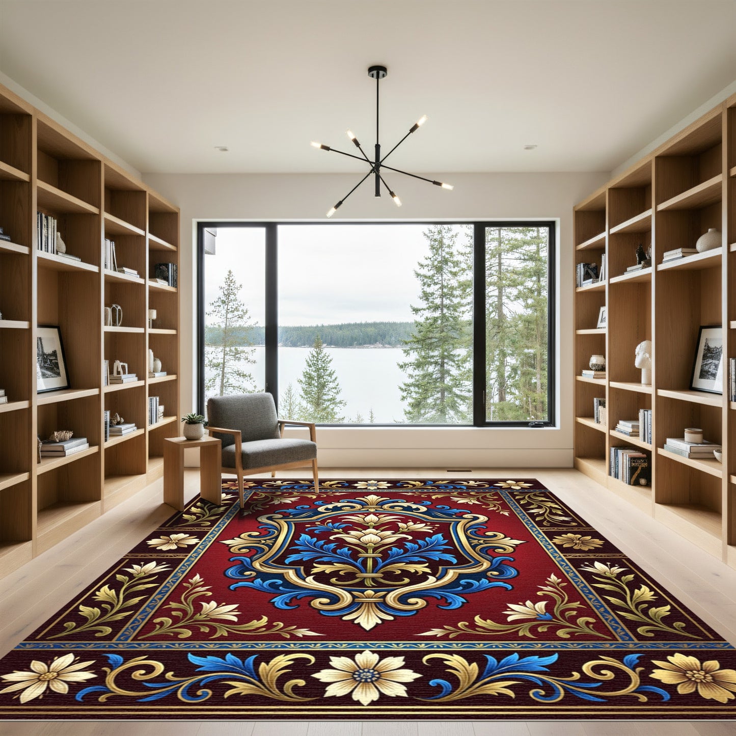 Crimson Gold Blue Floral Medallion Rug