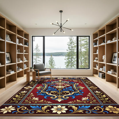 Crimson Gold Blue Floral Medallion Rug