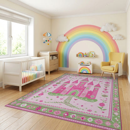 Whimsical Pink Green Castle Floral Rug