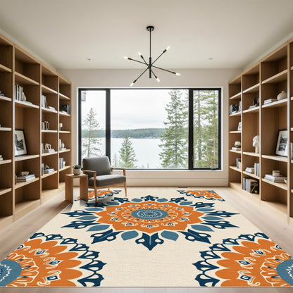 Orange Blue Medallion Folk Art Rug