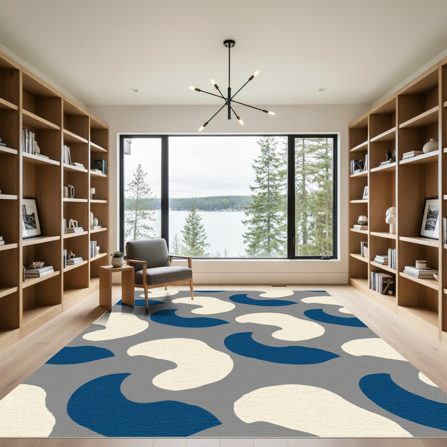 Cream Blue Organic Abstract Swirls Rug