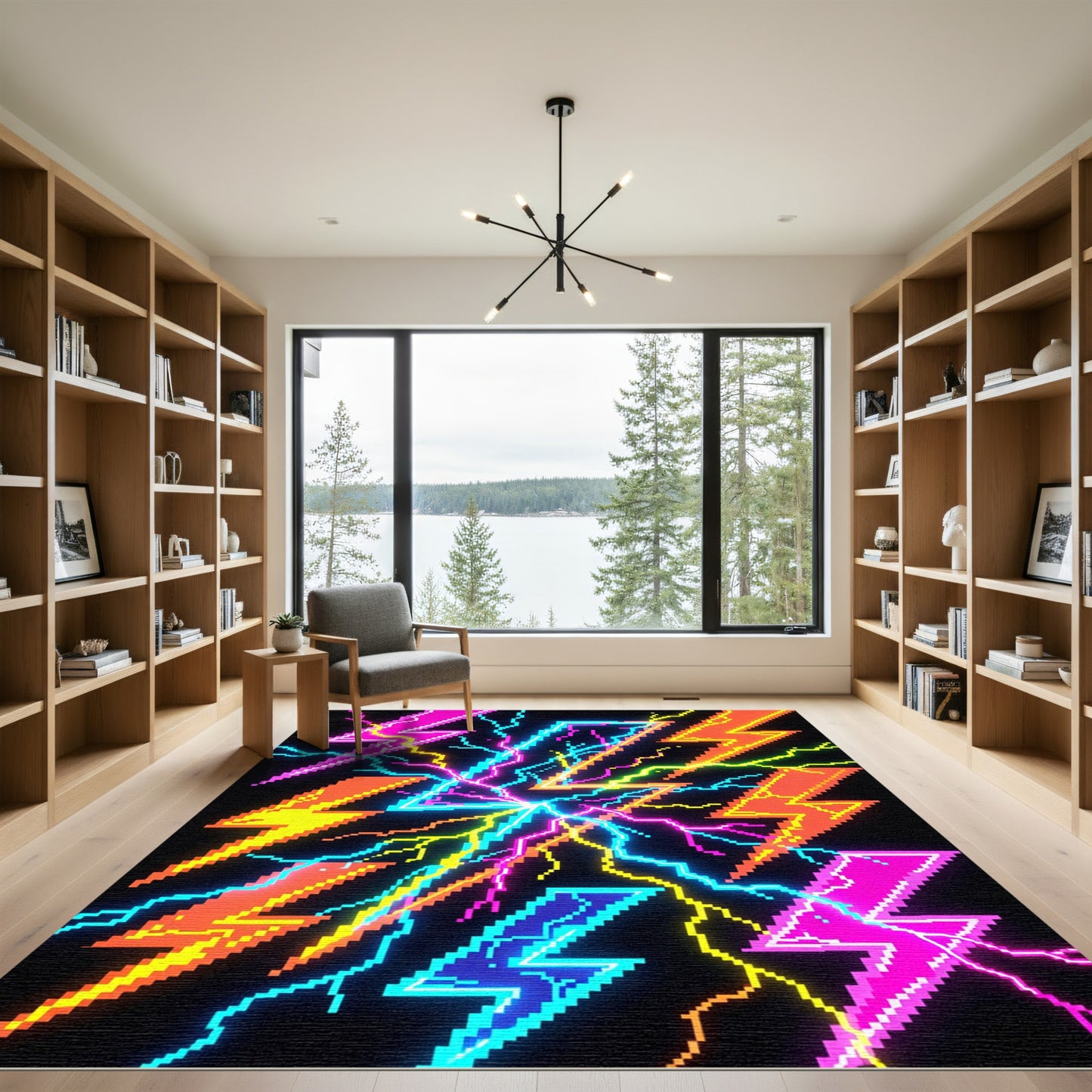 Neon Pixel Lightning Energy Bolt Abstract Rug