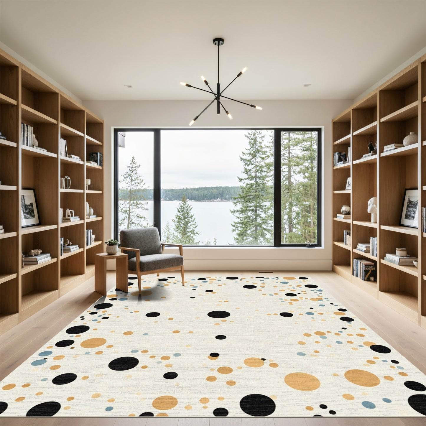 Black Gold Blue Scattered Circles Rug