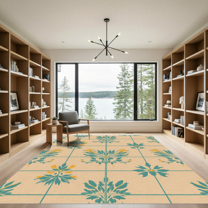 Teal Gold Floral Lattice Medallion Rug