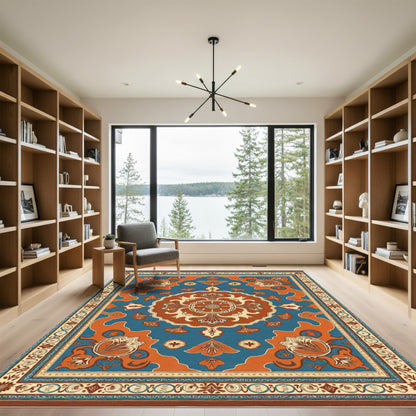 Ornate Blue Orange Medallion Floral Rug