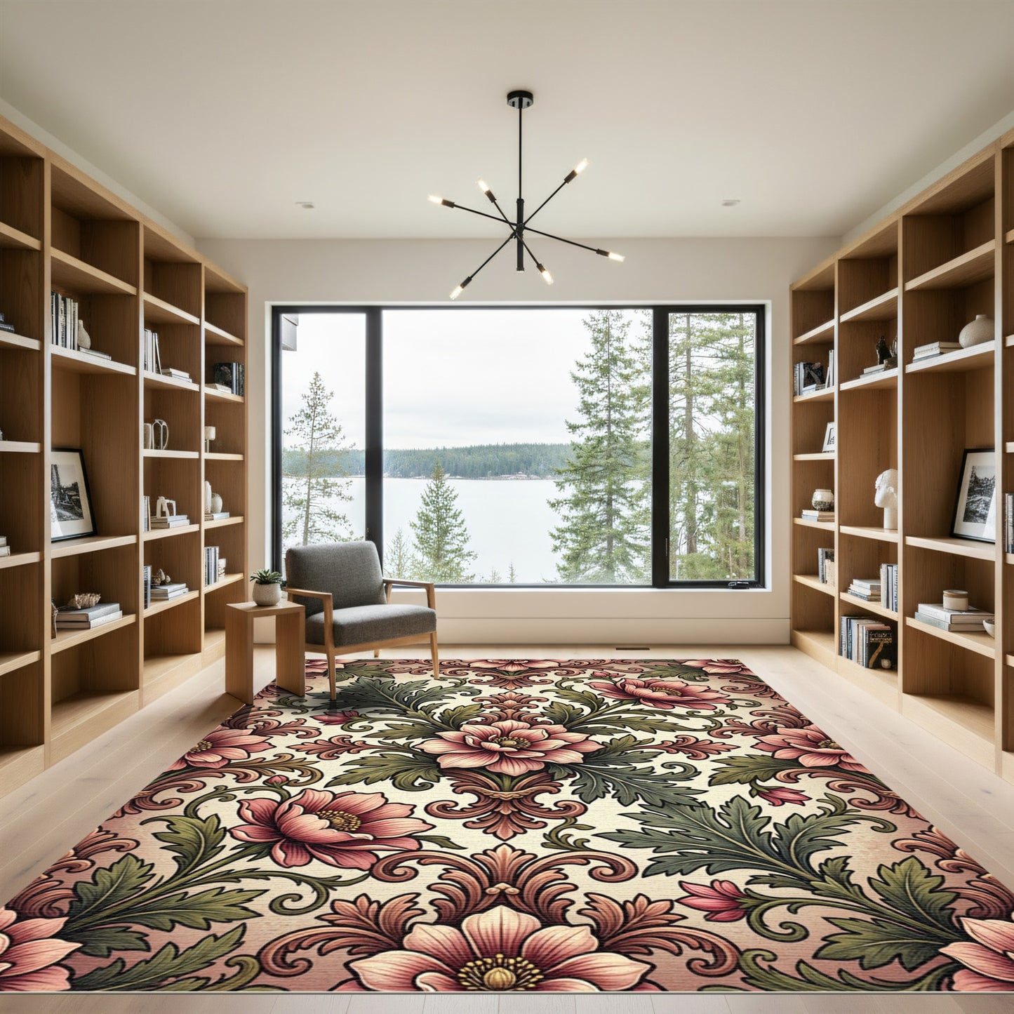Elegant Dusty Rose Floral Baroque Scroll Rug