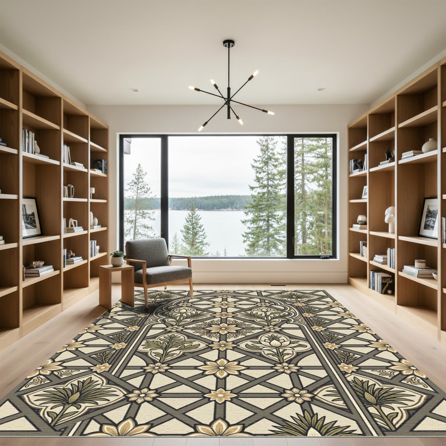 Geometric Floral Arch Beige and Green Rug