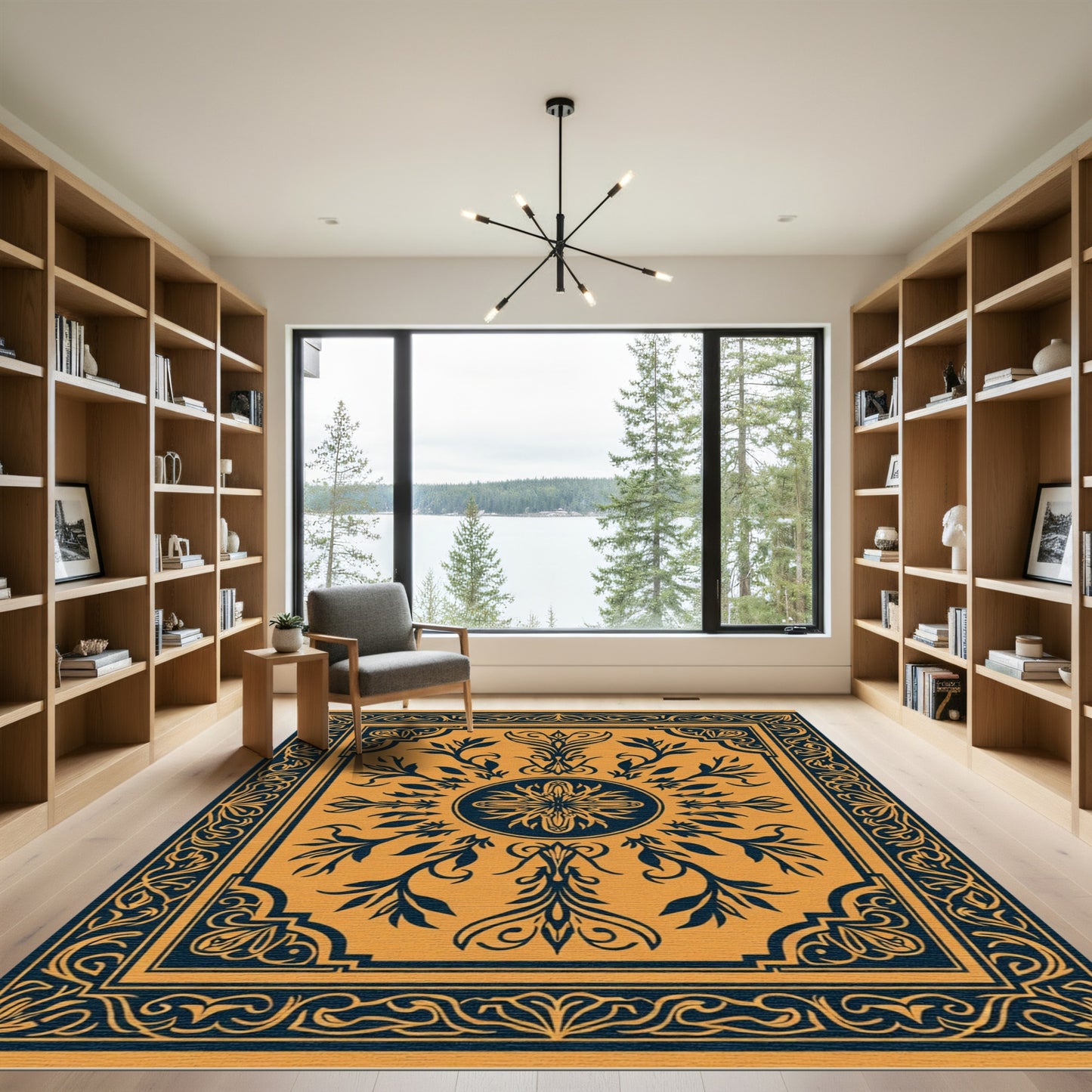 Navy Golden Floral Symmetrical Medallion Rug