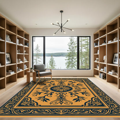 Navy Golden Floral Symmetrical Medallion Rug