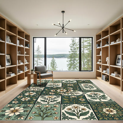 Sage Botanical Tile Floral Grid Rug