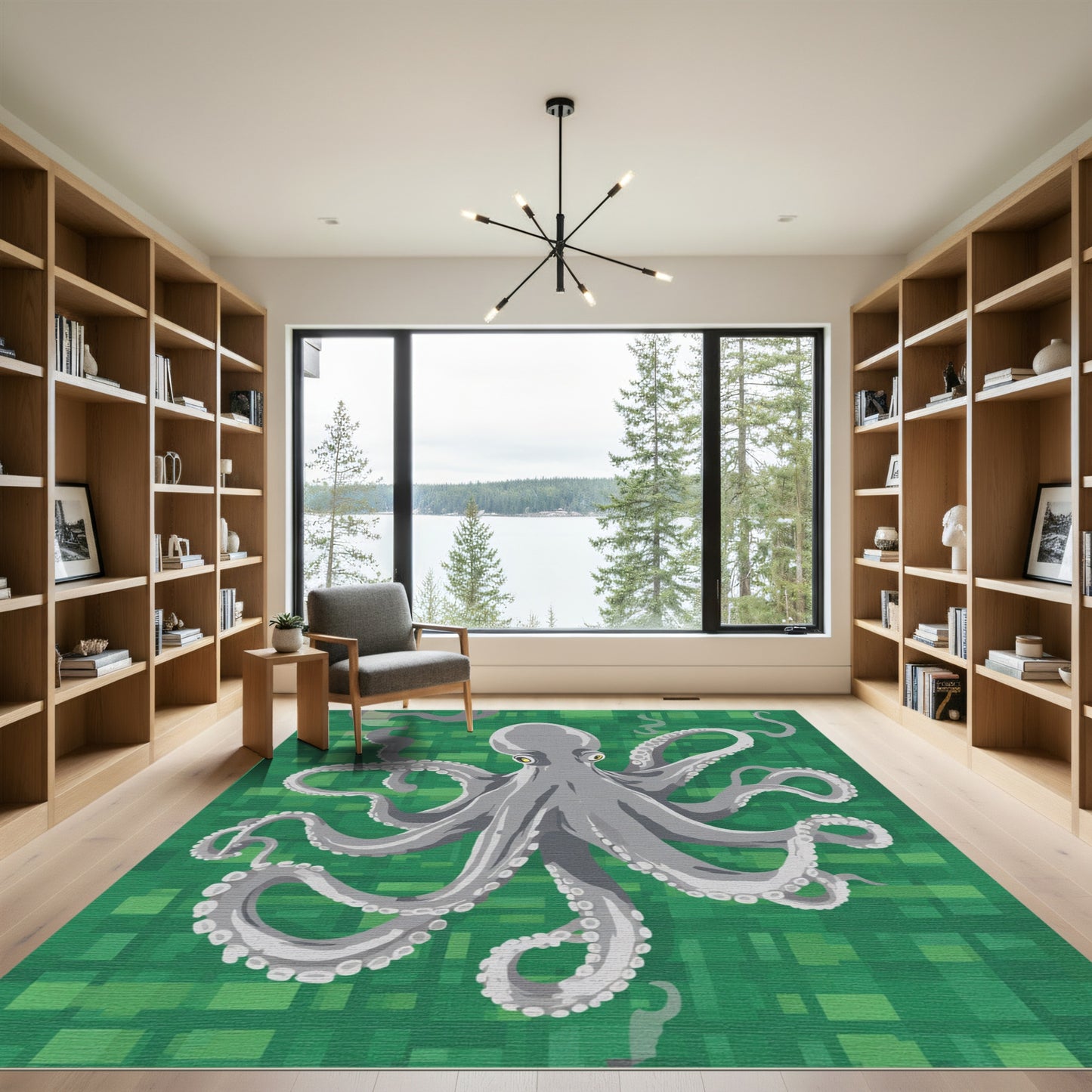 Gray Octopus on Pixelated Green Background Rug