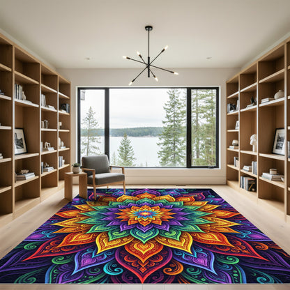 Vibrant Multicolored Radiant Lotus Mandala Rug
