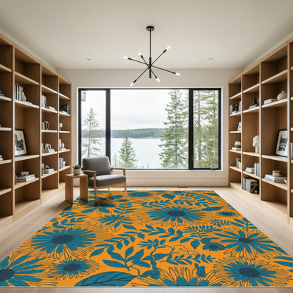 Teal Floral Bloom On Orange Background Rug