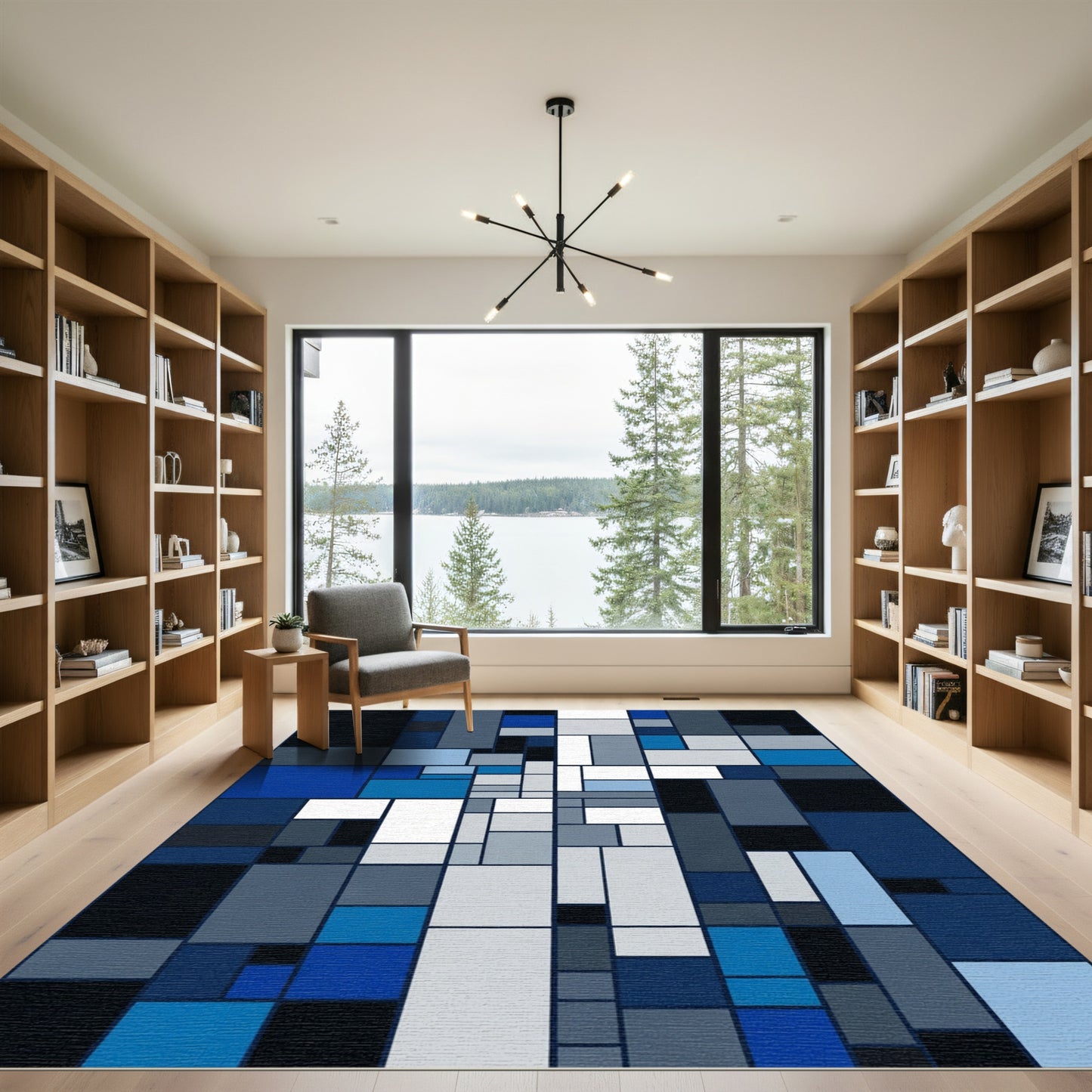 Modern Blue Geometric Rectangles Rug