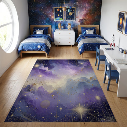 Ethereal Starry Purple Gold Clouds Rug