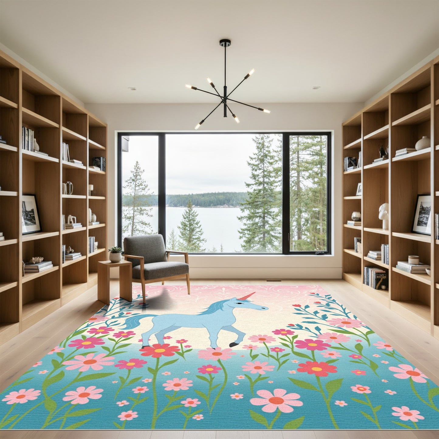 Whimsical Blue Unicorn Floral Meadow Rug