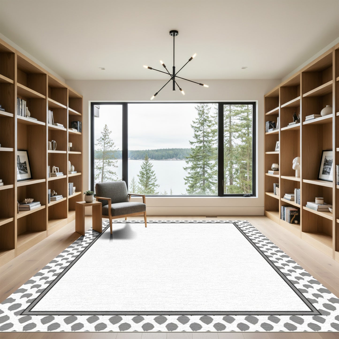 Modern Gray Scale Repeating Shape Border Rug