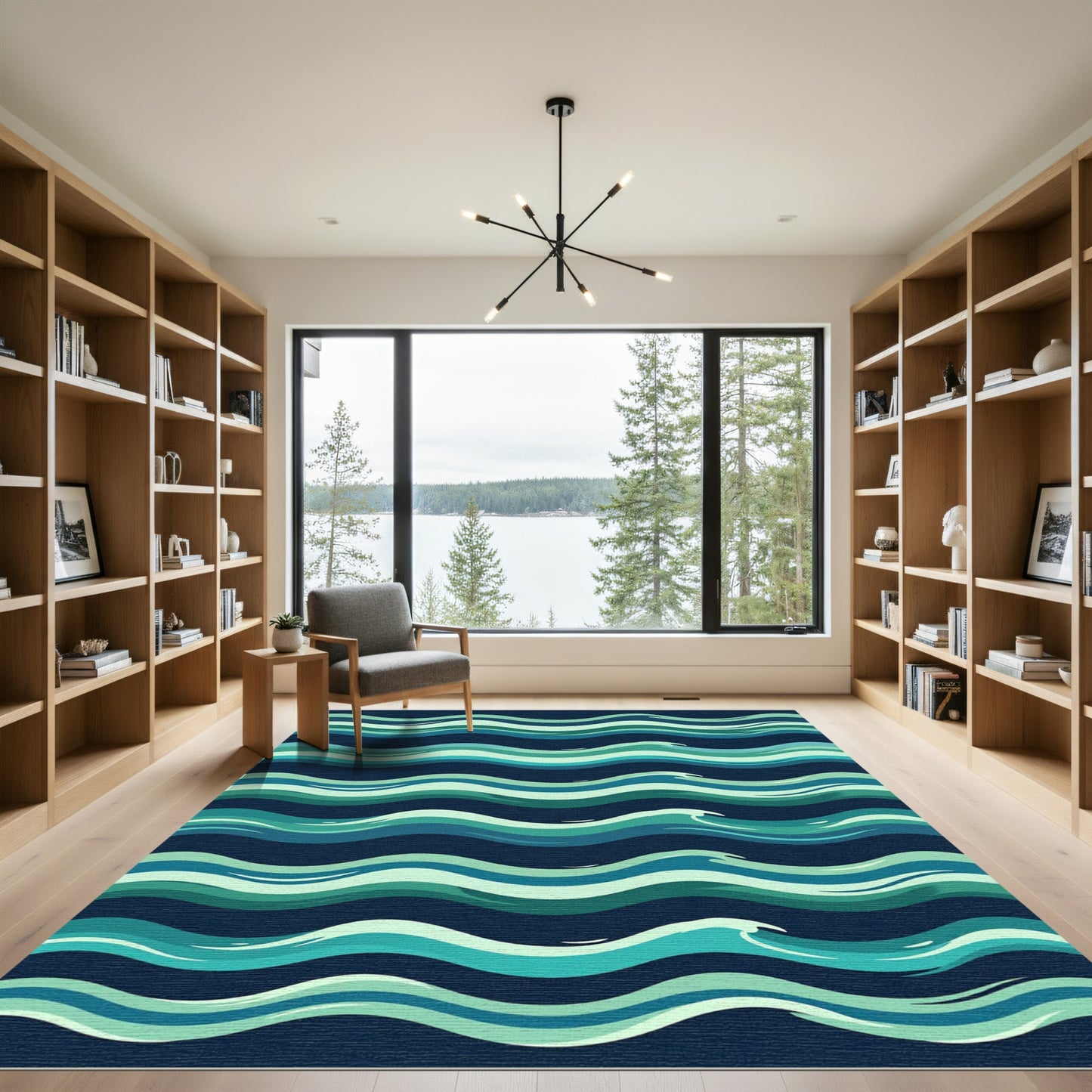 Modern Teal Blue Wavy Ocean Layers Rug