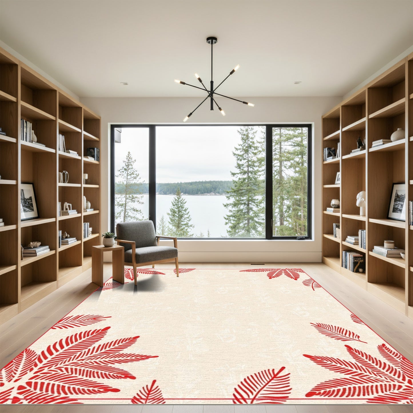 Crimson Fern Border Cream Background Rug