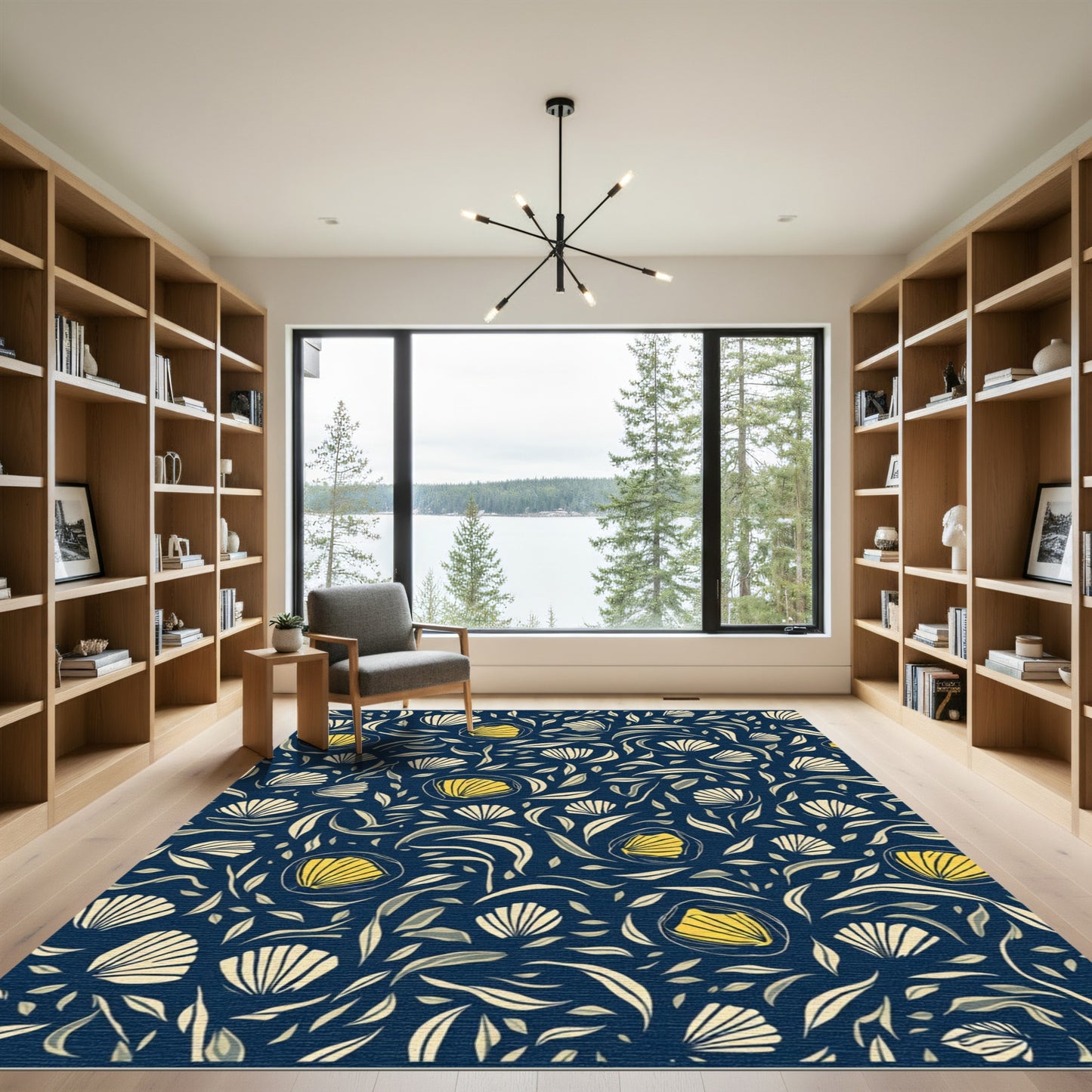 Navy Yellow Shell Floral Abstract Rug