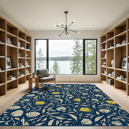 Navy Yellow Shell Floral Abstract Rug