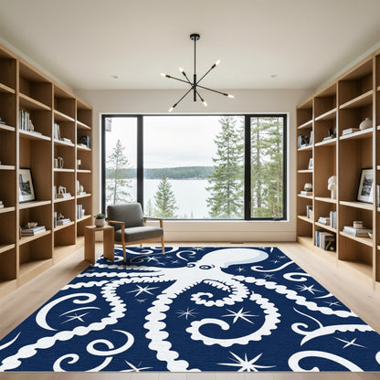 Midnight White Octopus Swirls Rug