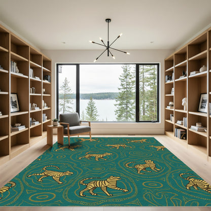 Teal Gold Tiger Jungle Abstract Rug