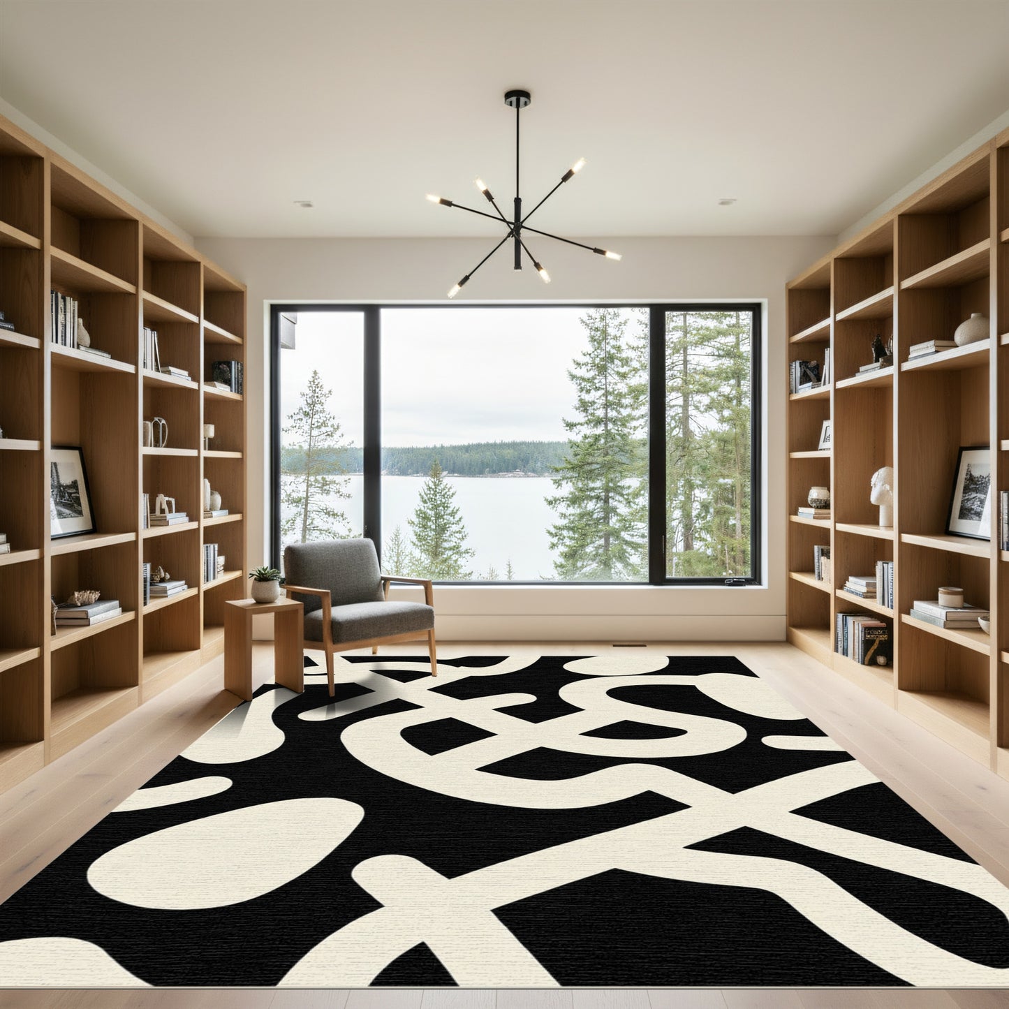 Black Cream Flowing Abstract Lines Rug