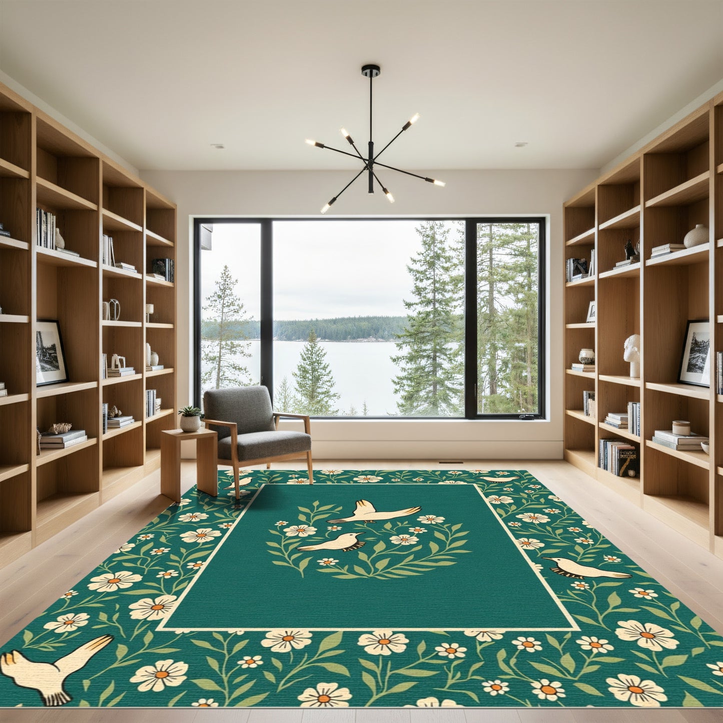 Emerald Green White Bird Floral Arrangement Rug