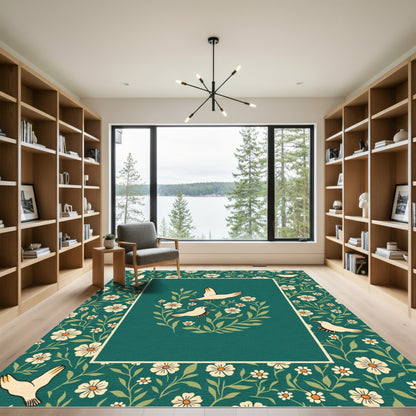 Emerald Green White Bird Floral Arrangement Rug