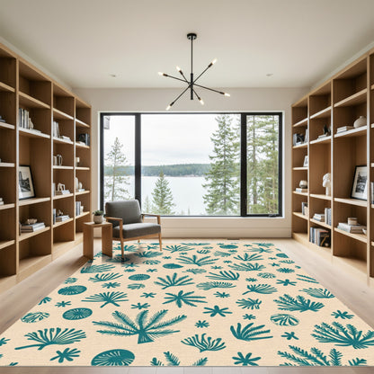 Teal Botanical Collage Cream Background Rug